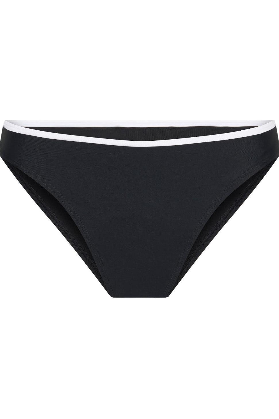 A classic black bikini bottom with white trim.