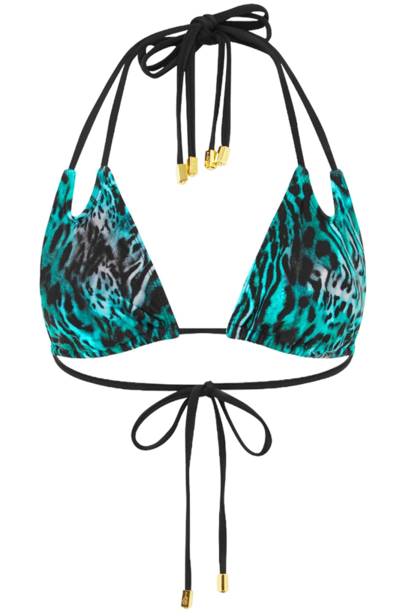 This image features the "Rio Top - Animale" from the Rio Bikini collection, showcasing a vibrant and stylish bikini top. The top is adorned with a bold, animal print in shades of teal and black, providing a striking contrast against the lighter tones of the bikini bottom.