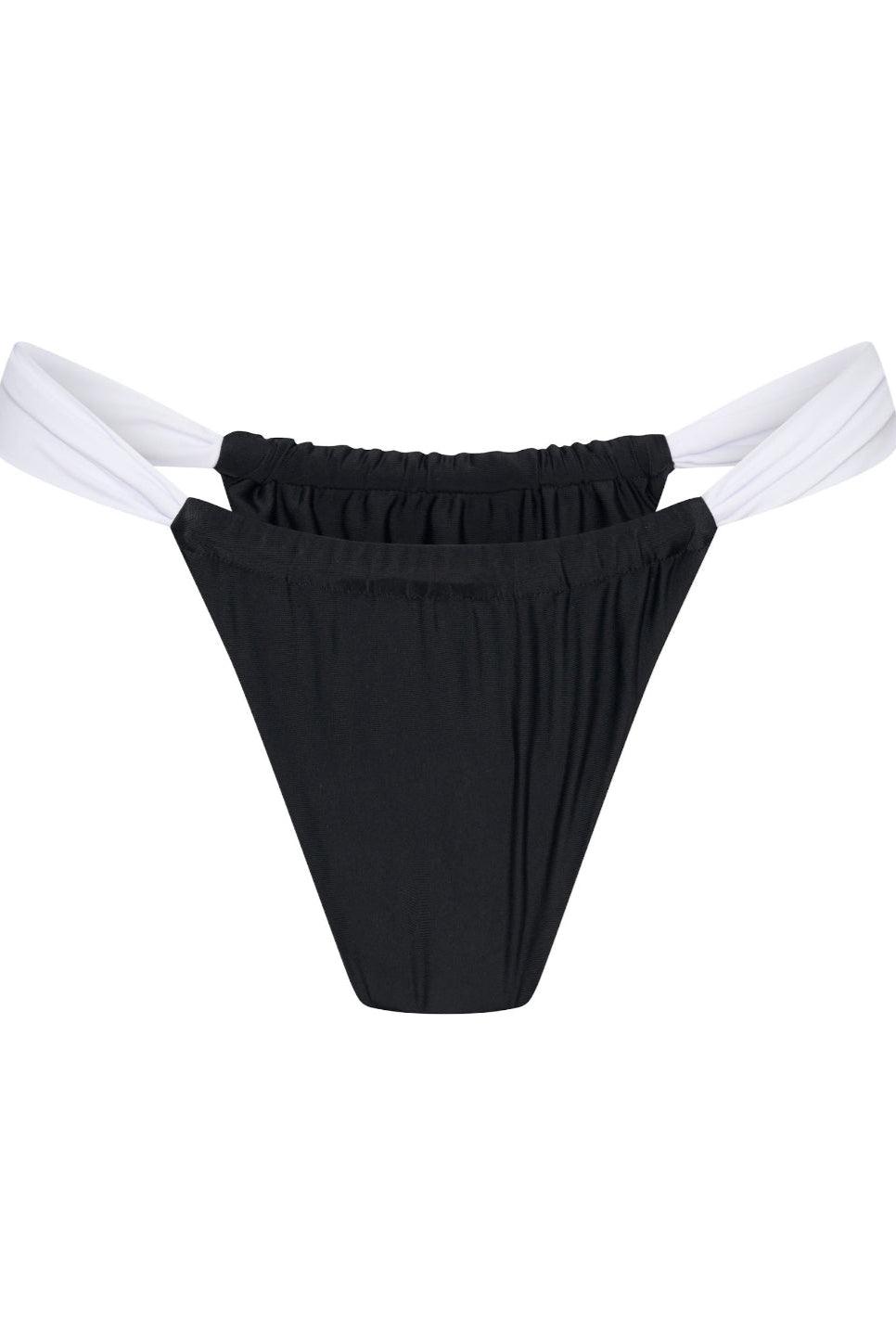 This image features a sleek and stylish "Fiji G-String Bikini Bottom" in a striking black and white color scheme. The bikini bottom is crafted from high-quality, sustainable swimwear fabric, emphasizing both fashion and environmental consciousness.