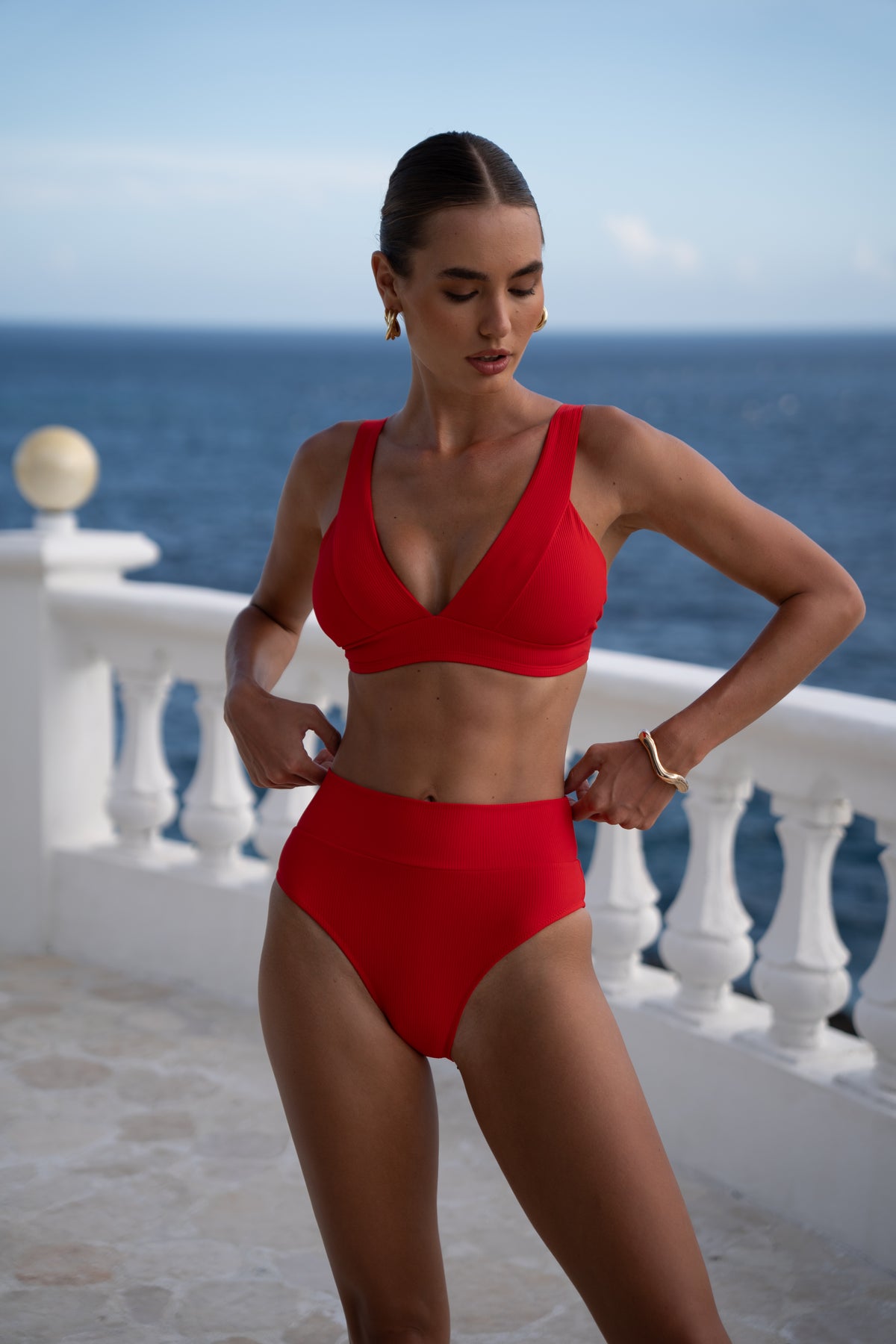 red high waisted bikini bottom full coverage